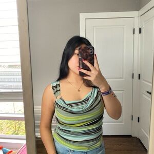 Stripped Teal and Green Cowl Neck Top